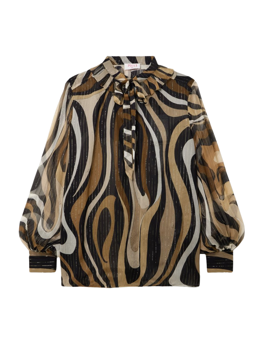 Ruffled metallic silk-blend crepon pussy-bow blouse