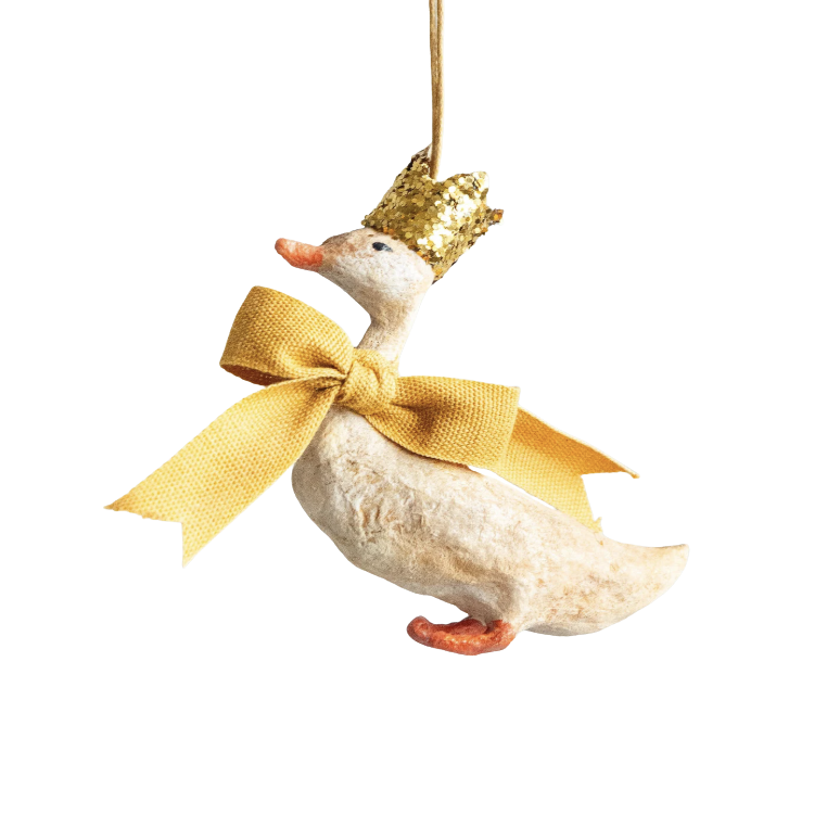 Vintage inspired decoration, duck with bow and crown in cotton wool