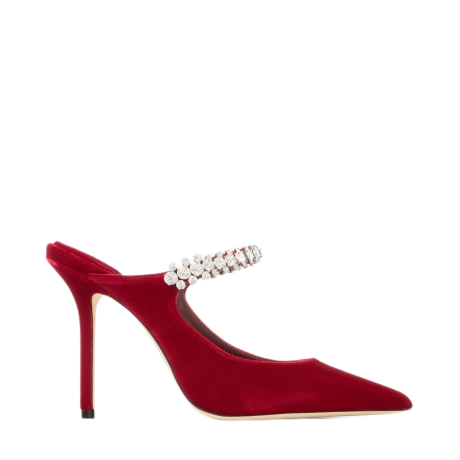 Bing 100 Ruby Red Velvet Mules with Crystal Embellishment