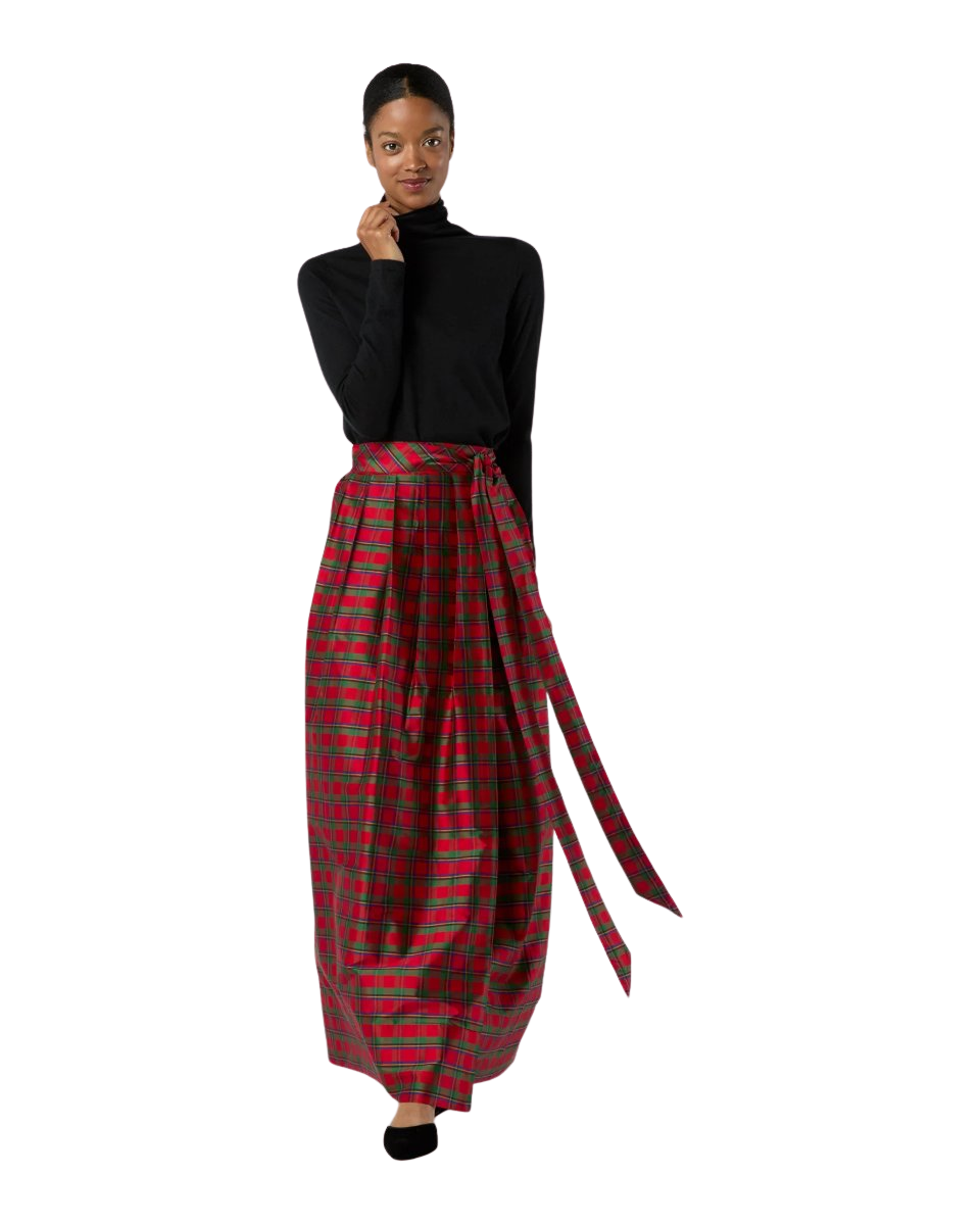 Pleated Wrap Skirt in Red Holiday Tartan Silk Shantung