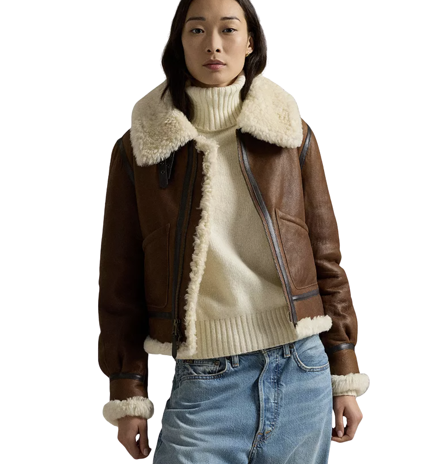 Leather Trim Shearling Aviator Jacket