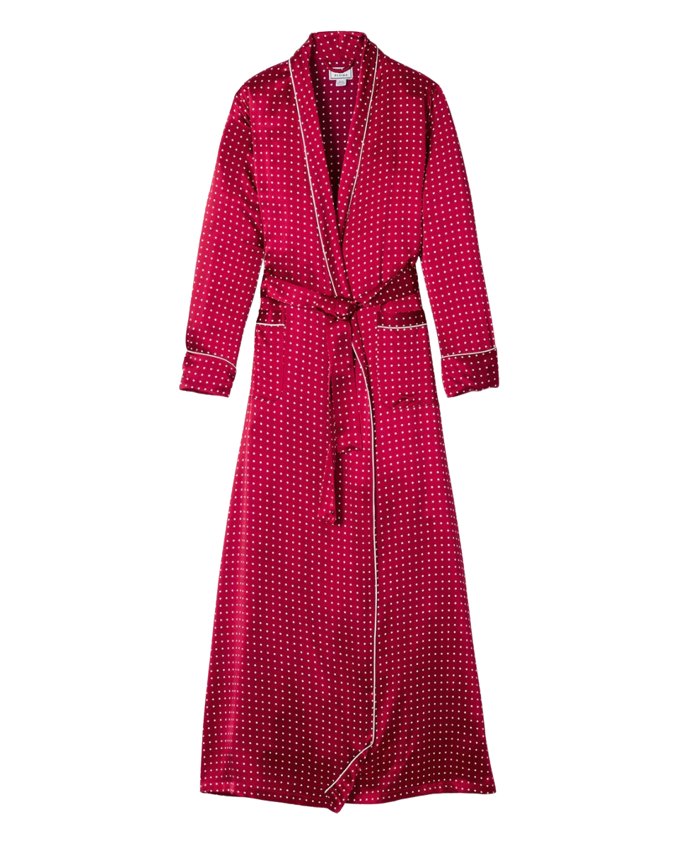 Women's Silk Long Robe in Bordeaux Polka Dot