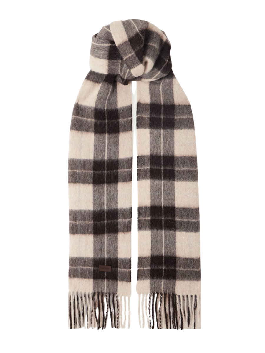 Fringed checked llama and wool-blend scarf
