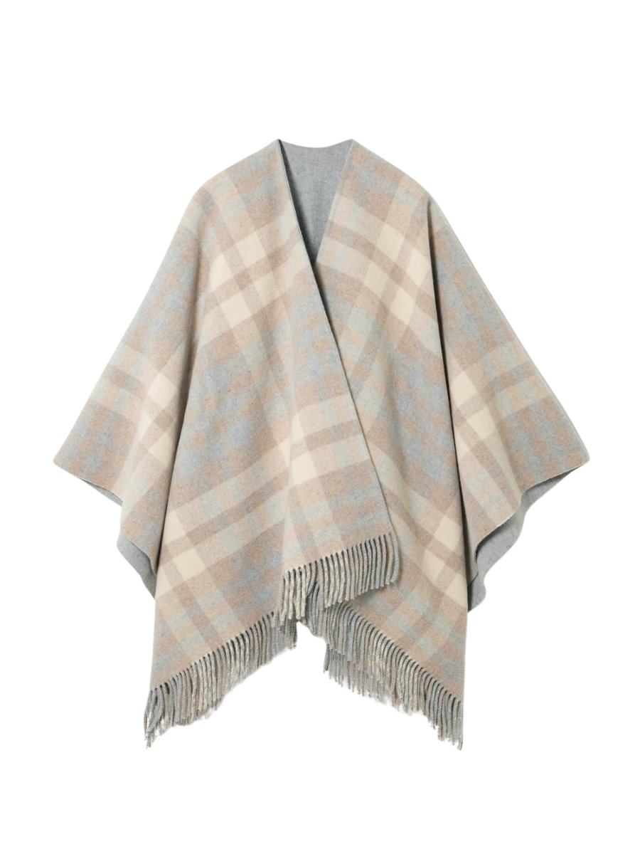 Reversible fringed checked wool cape