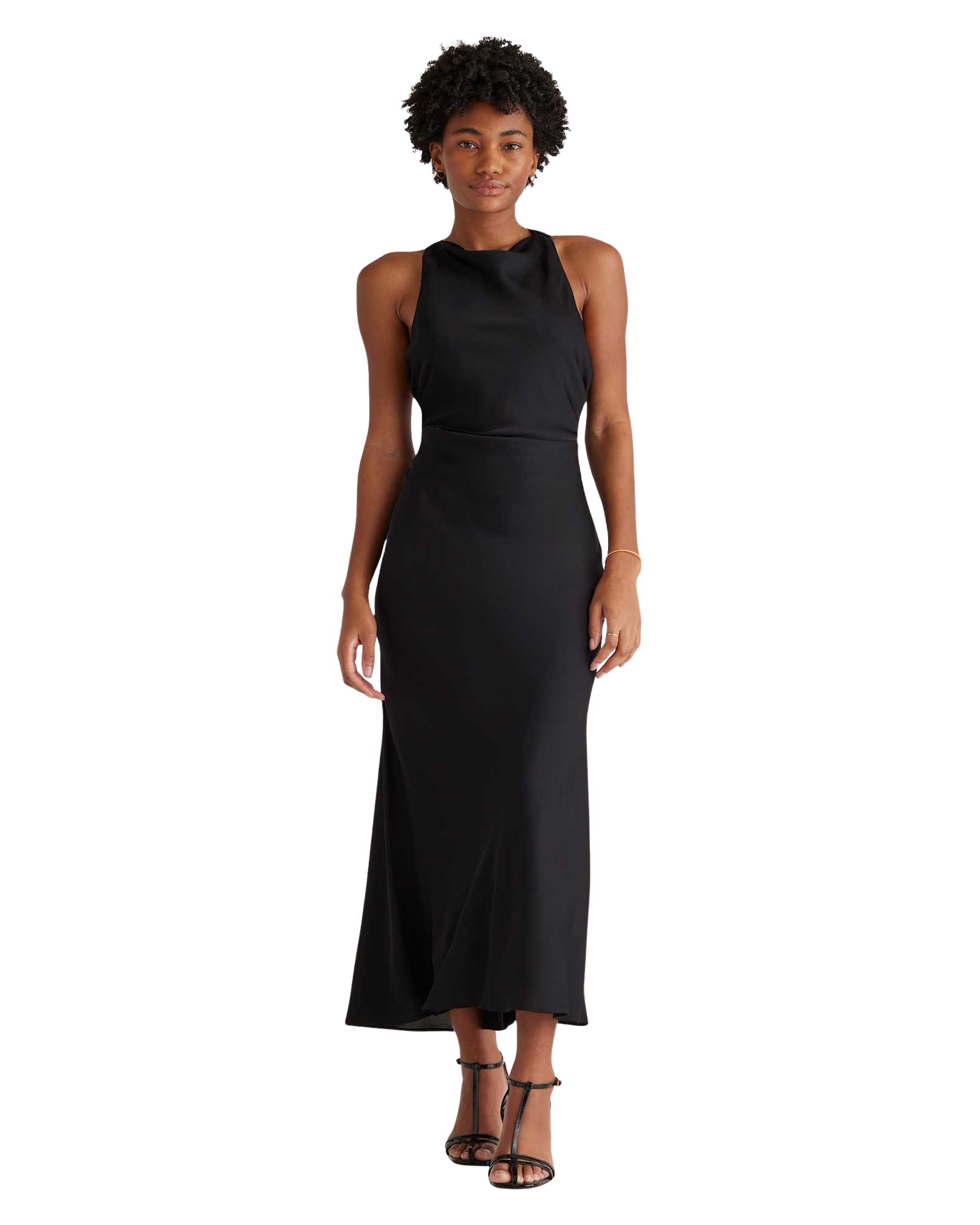 Washable Stretch Silk High Neck Midi Dress