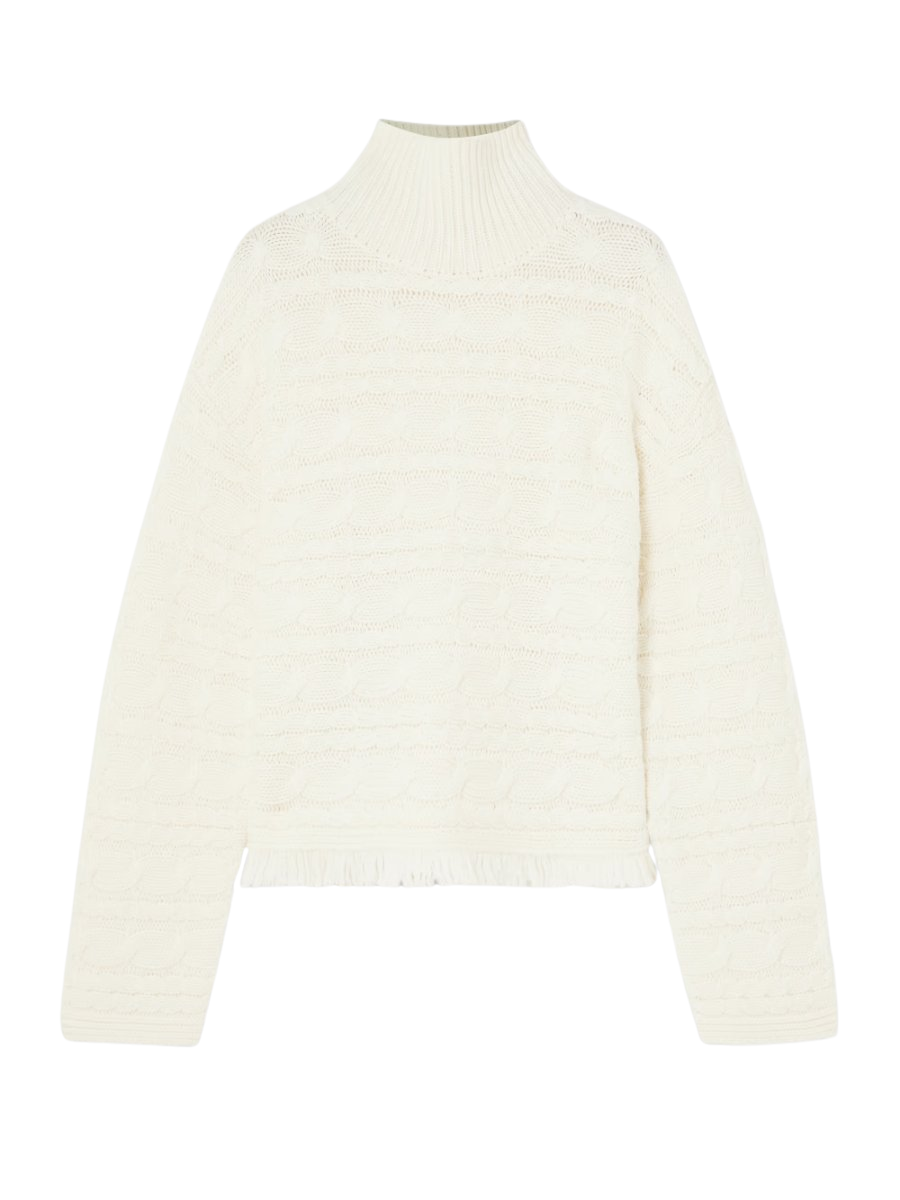 Frayed cable-knit wool and cashmere-blend turtleneck sweater
