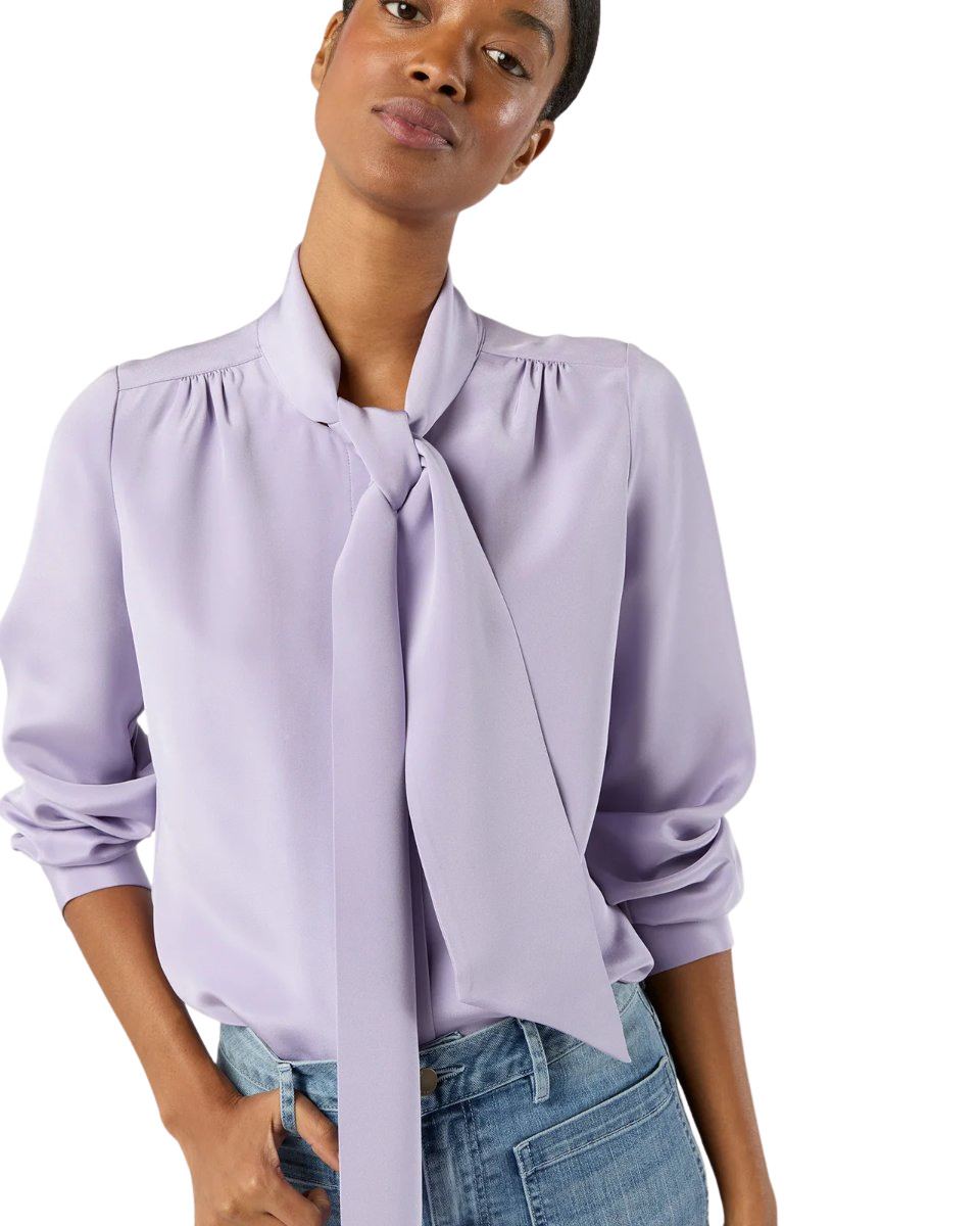 Tie-Neck Blouse in Lavender Silk Crepe de Chine