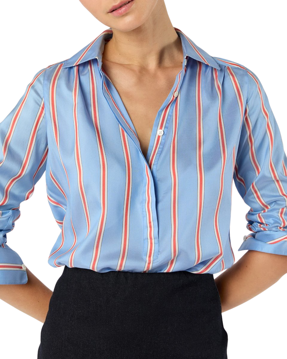 Natalia Blouse in Blue/Persimmon Bold Stripe Crepe de Chine