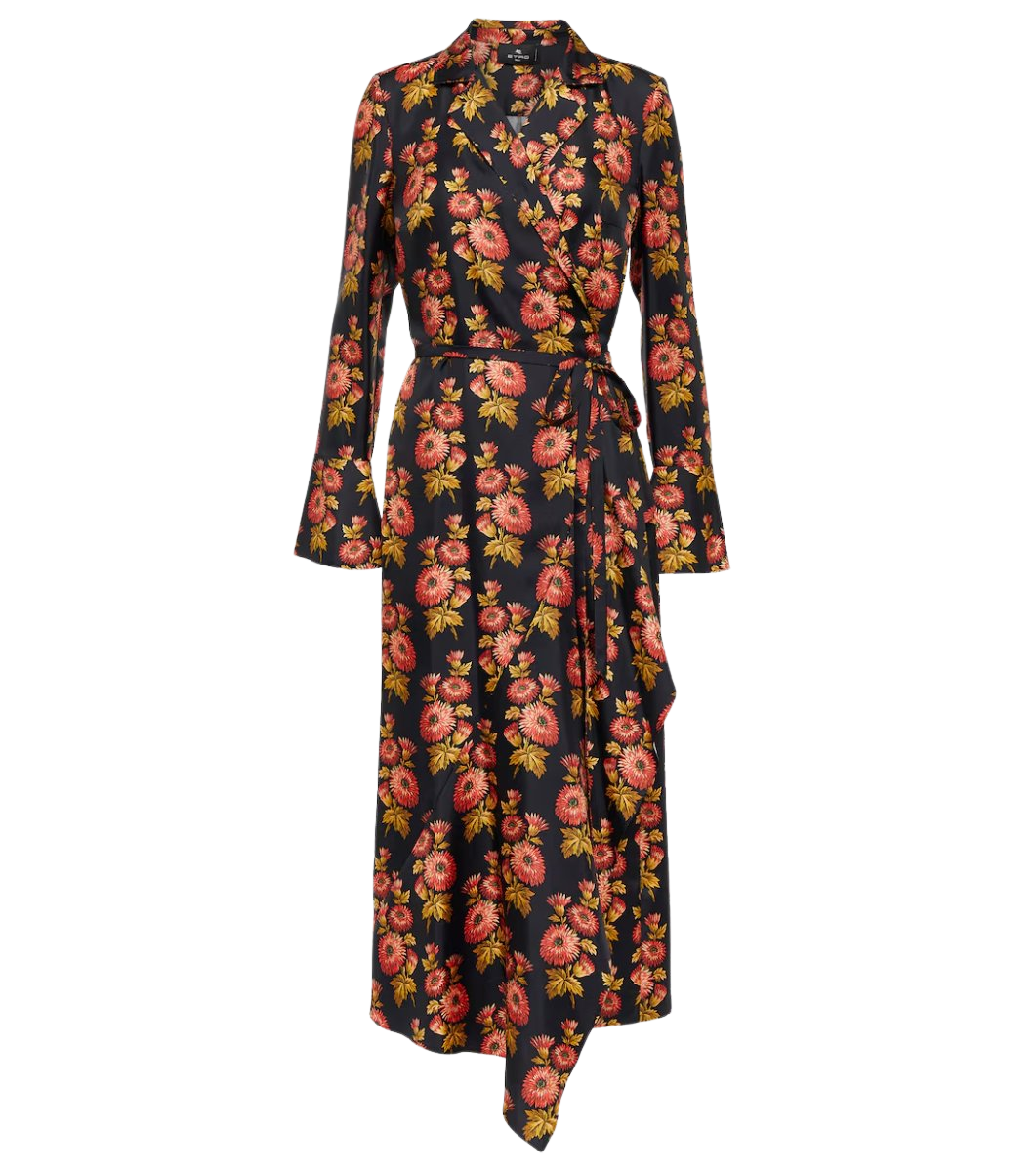 Floral silk twill midi wrap dress