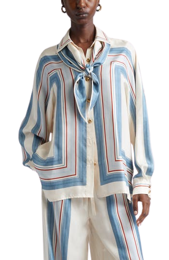 Relaxed Stripe Silk Button-Up Shirt with Removable Scarf