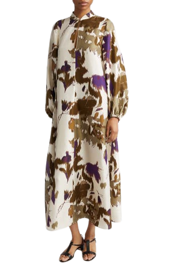 Maesa Floral Long Sleeve Shantung Silk Maxi Dress