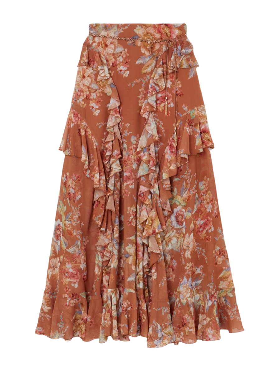 Awaken belted ruffled floral-print cotton and silk-blend crepe de chine maxi skirt