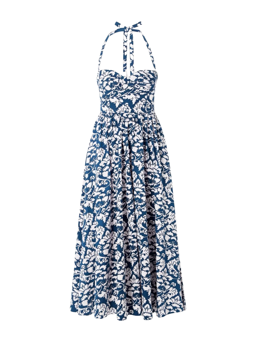 Johanna Lotus pleated floral-print cotton-twill halterneck midi dress