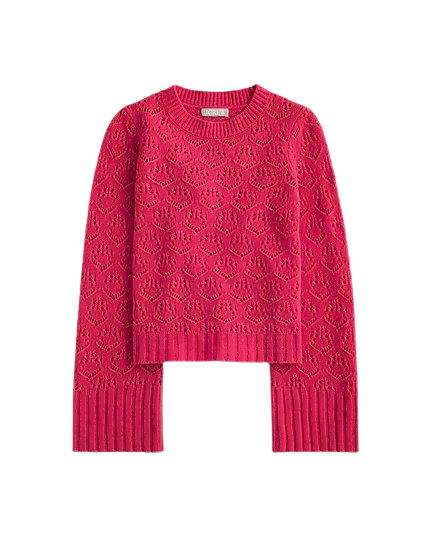 Wide-sleeve pointelle crewneck sweater in merino wool