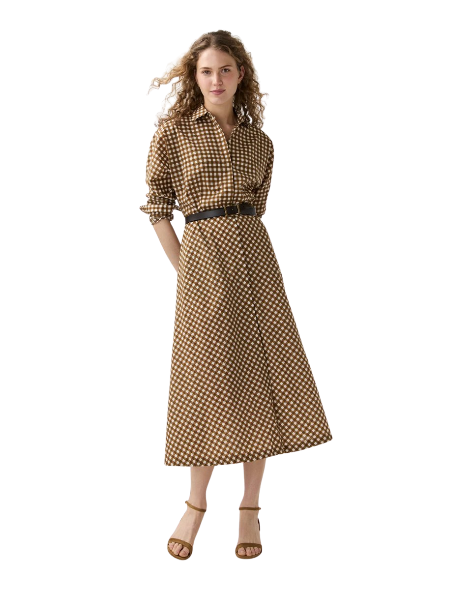 Charlie Shirtwaist Dress in Tobacco/Ivory Gingham Crinkle Cotton
