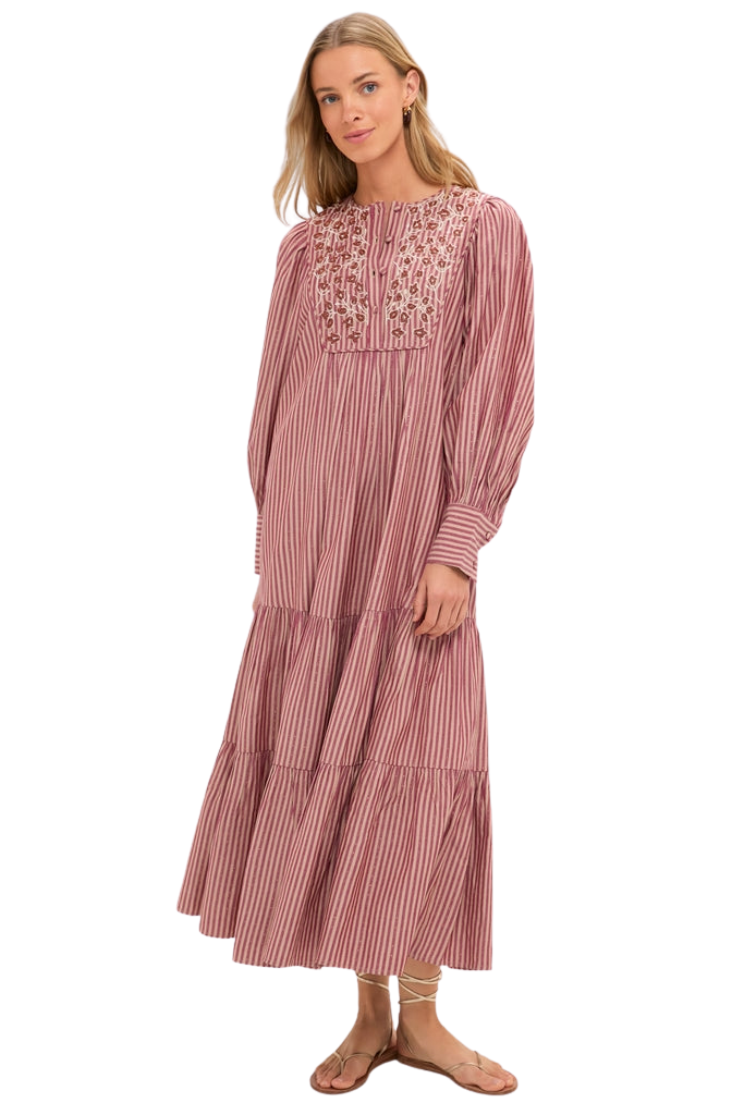 Red Lurex Stripe Hand Beaded Capote Dress