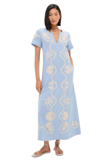 Blue Seersucker Embroidered James Dress
