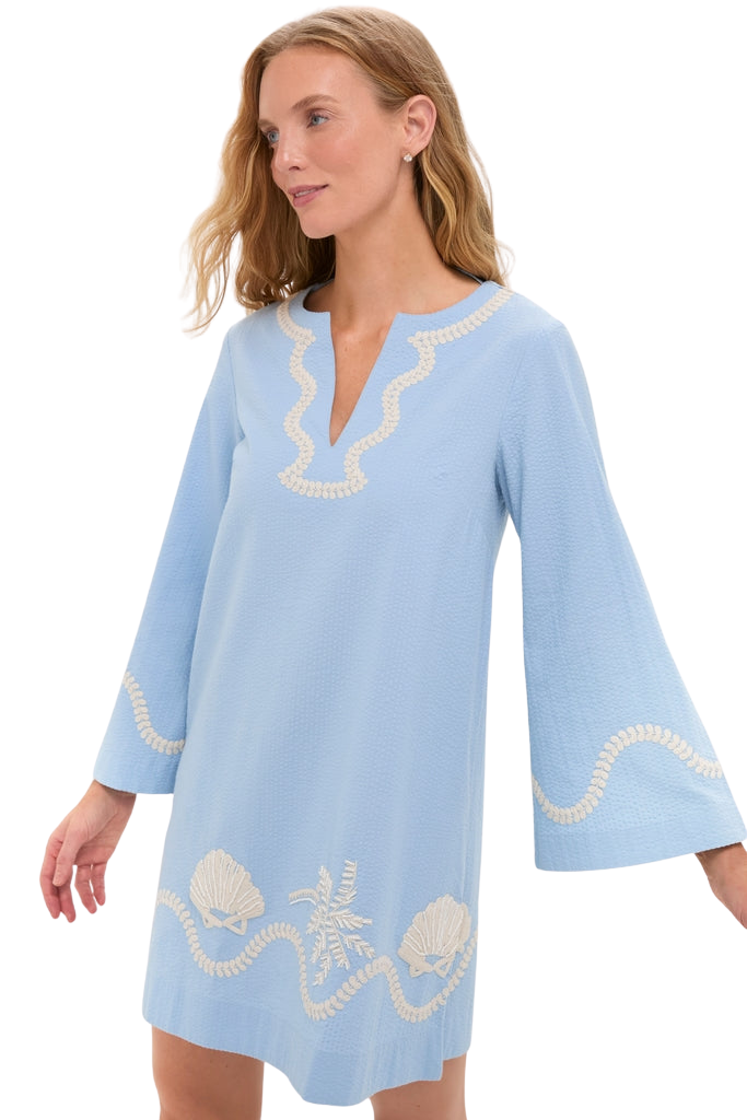 Blue Seersucker Embroidered Marcelle Dress