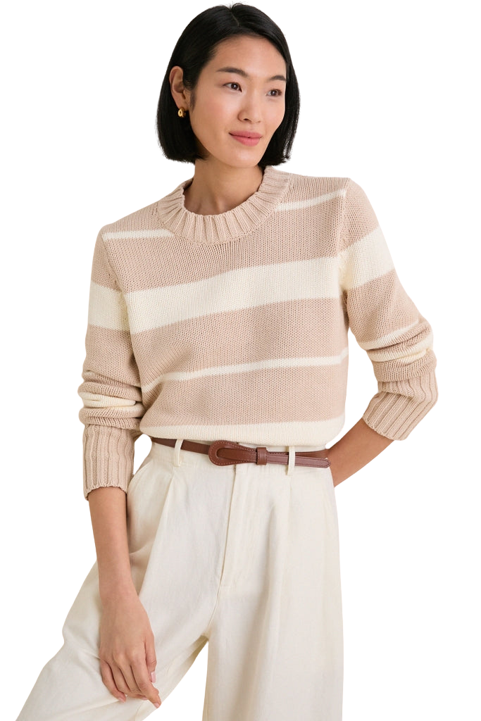 Sandstone and Ivory Stripe Cotton William Crewneck
