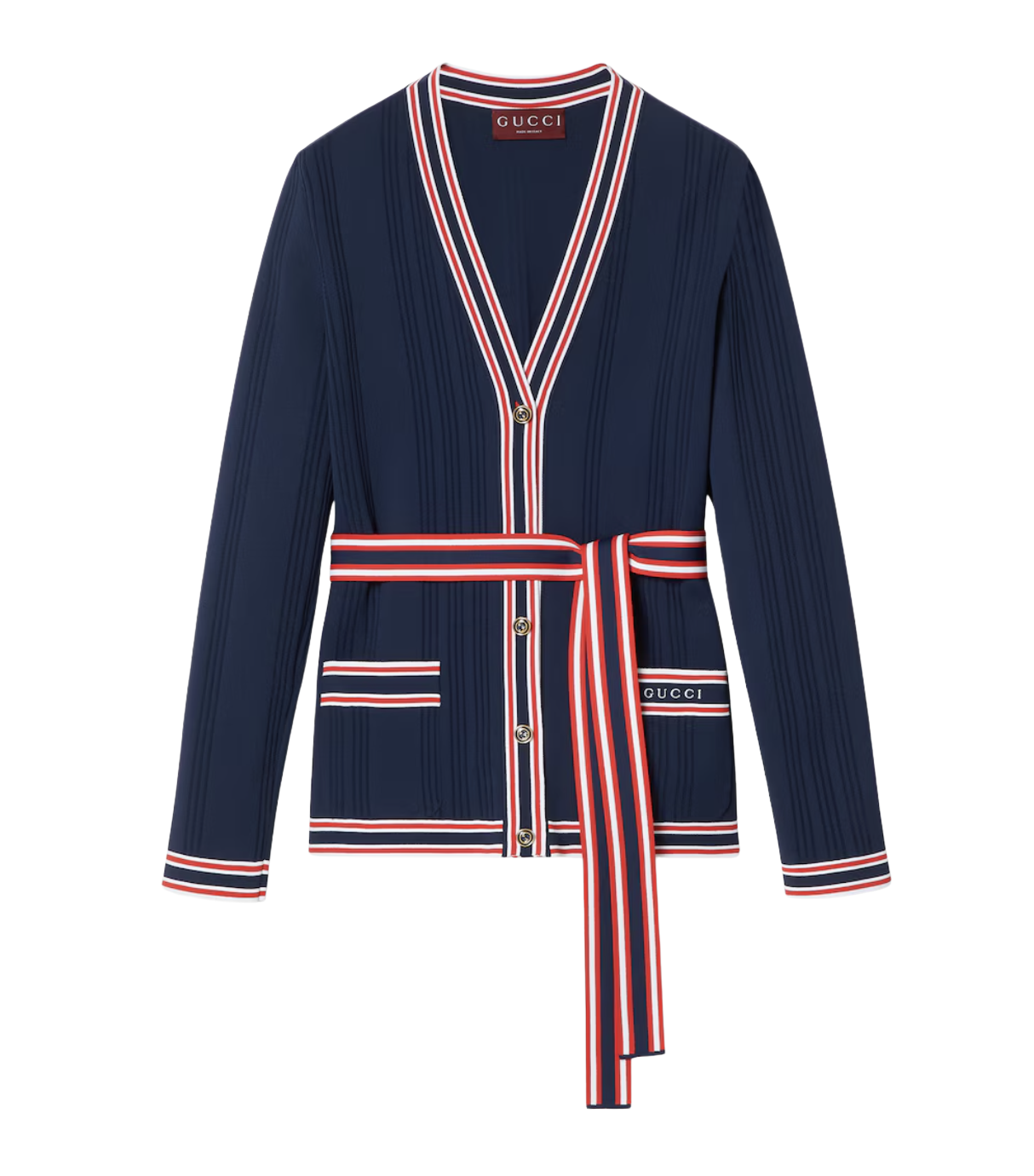 Self-tie cardigan with striped trim
