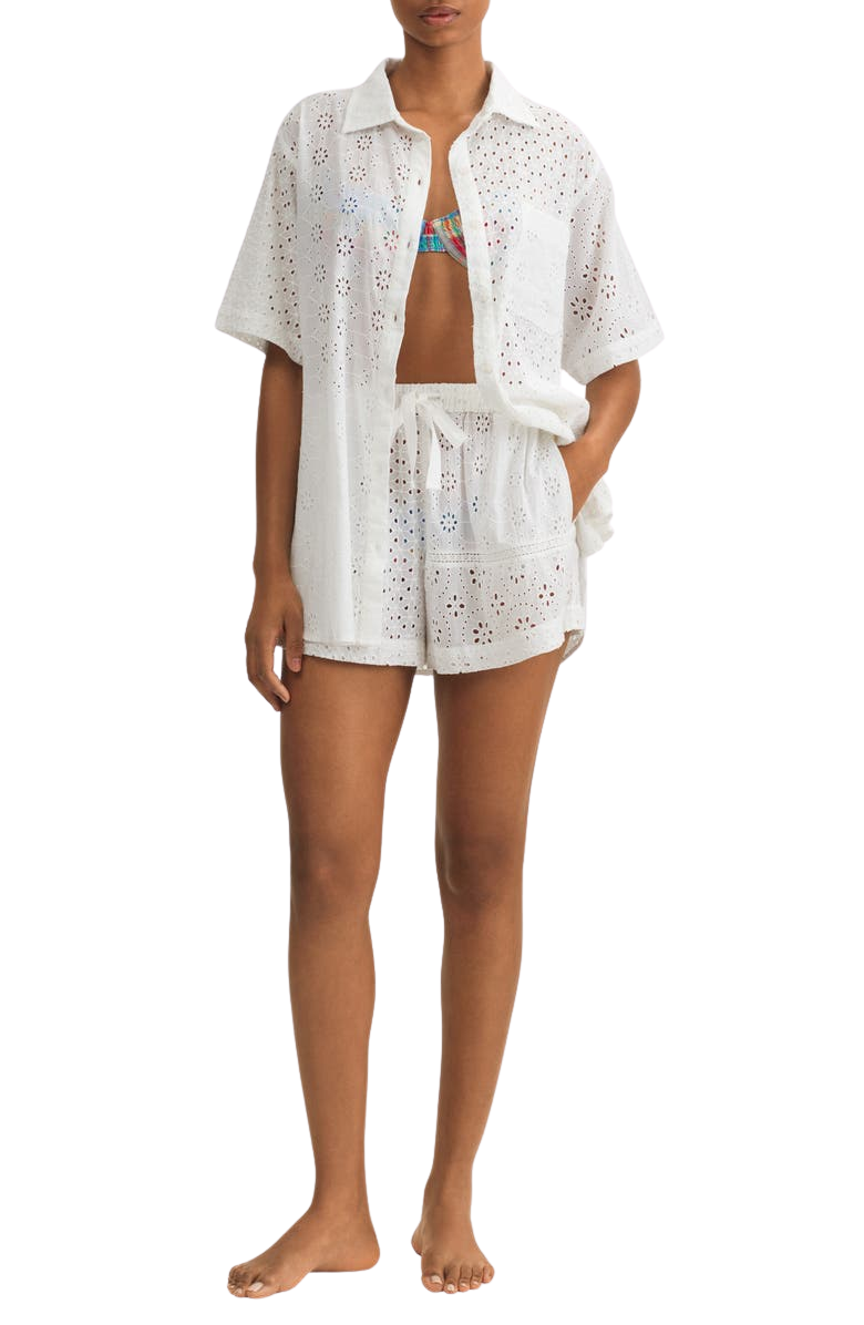 Embroidered Eyelet Cotton Cover-Up Shirt & Shorts Set