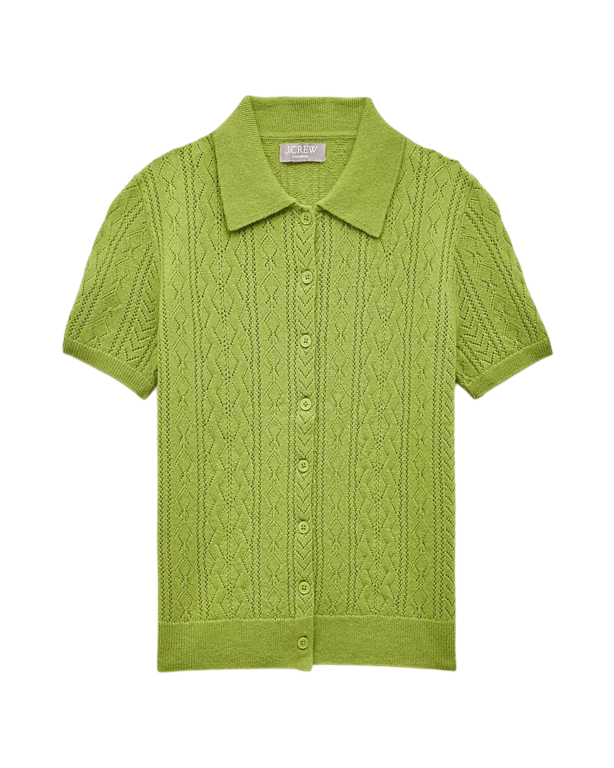 Cashmere pointelle button-up short-sleeve cardigan