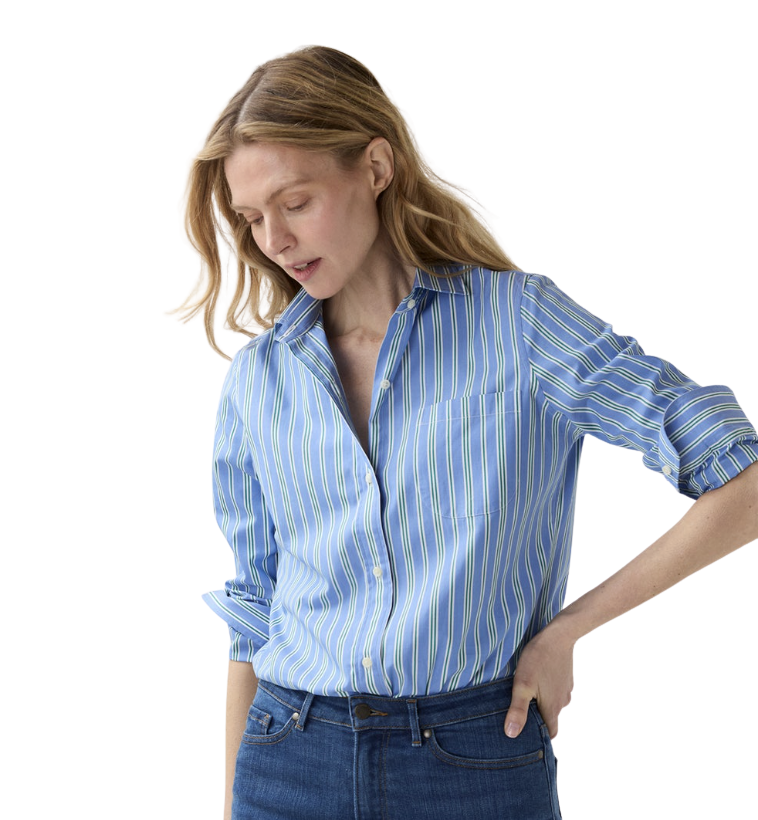 Sidney Shirt in French Blue/Green Multi Stripe Poplin