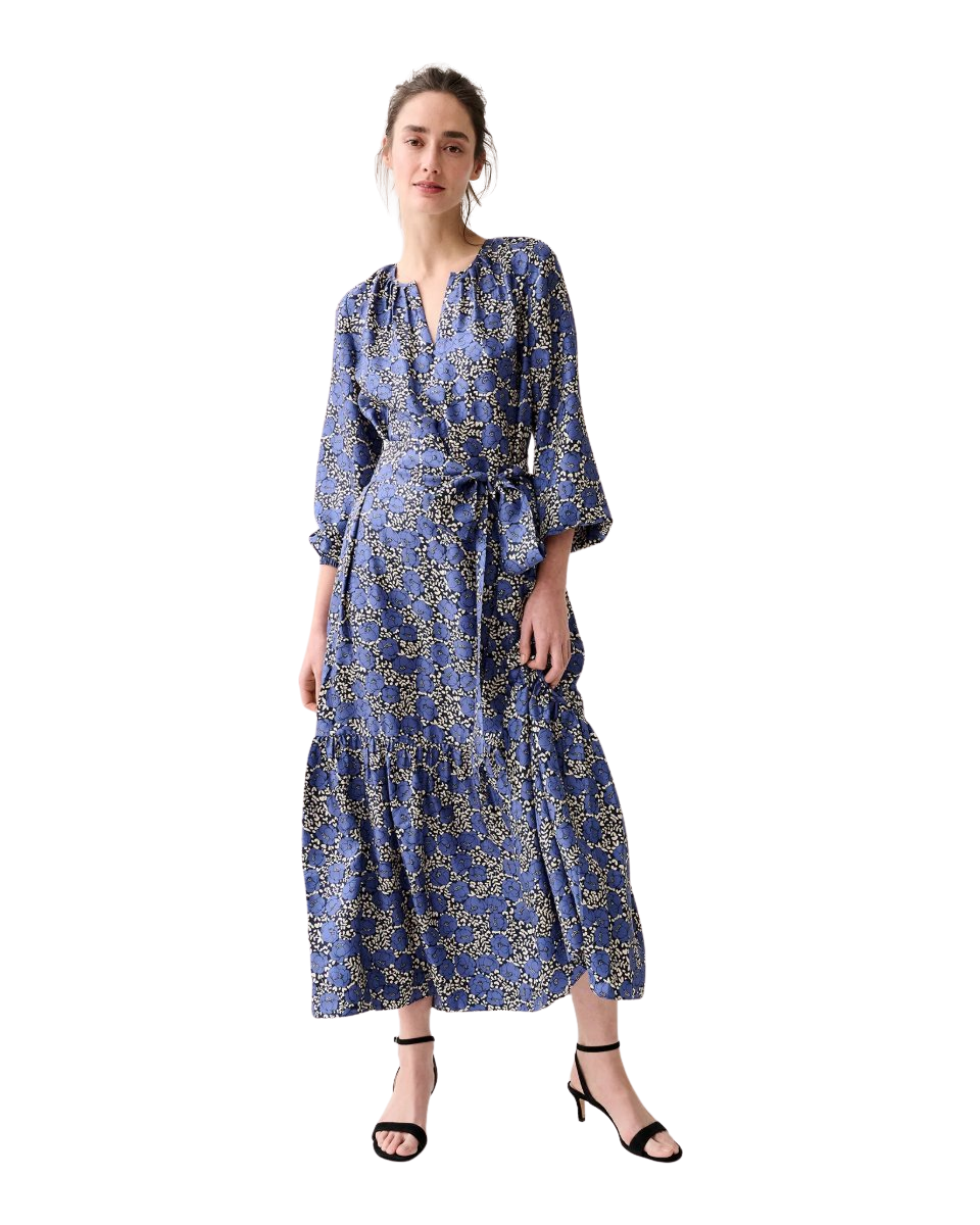 Aba Maxi Dress in Navy/Blue Peony Buds Printed Silk Twill
