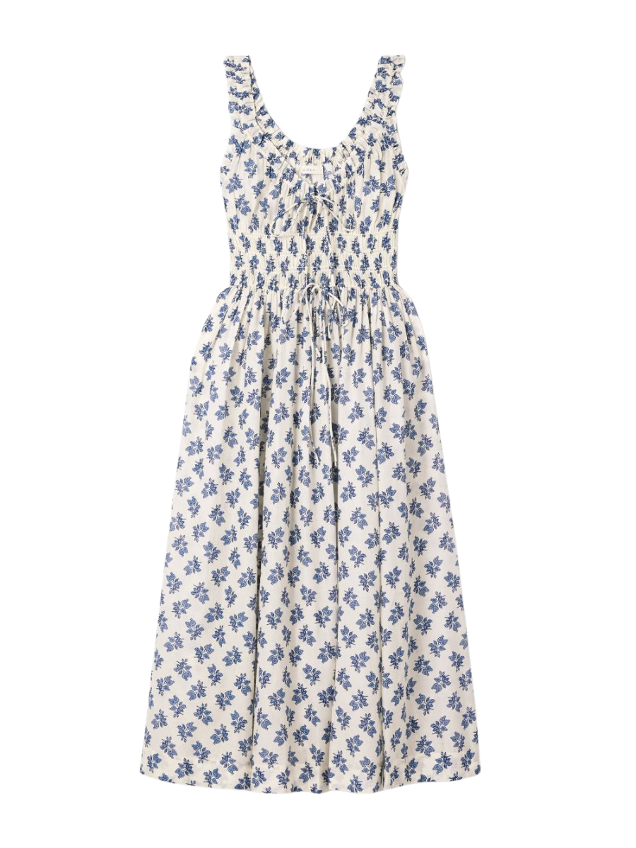 Emmaretta shirred floral-print organic cotton-voile midi dress