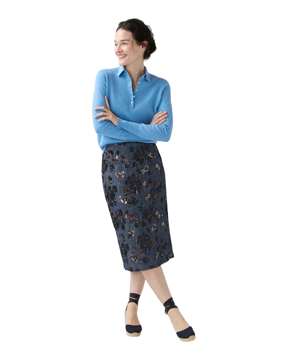 Aurora Skirt in Indigo Floral Sequin Embroidered Twill