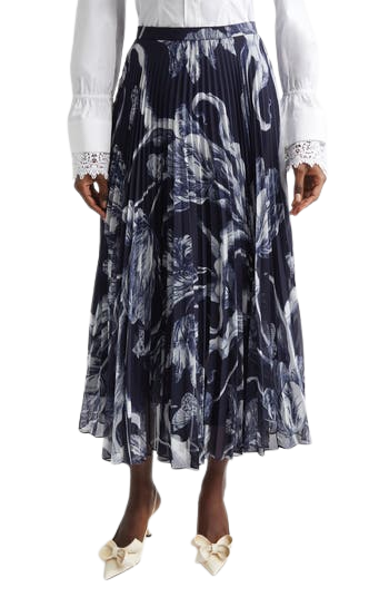 Botanical Engraving Pleated Voile Midi Skirt