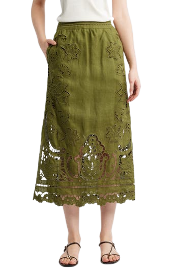 Majestic Garden Embroidered Eyelet Linen Midi Skirt
