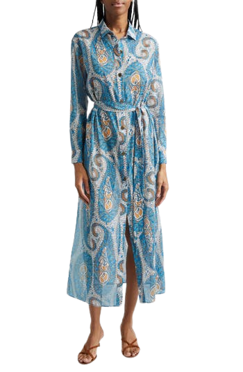 Paisley Print Belted Long Sleeve Cotton Shirtdress