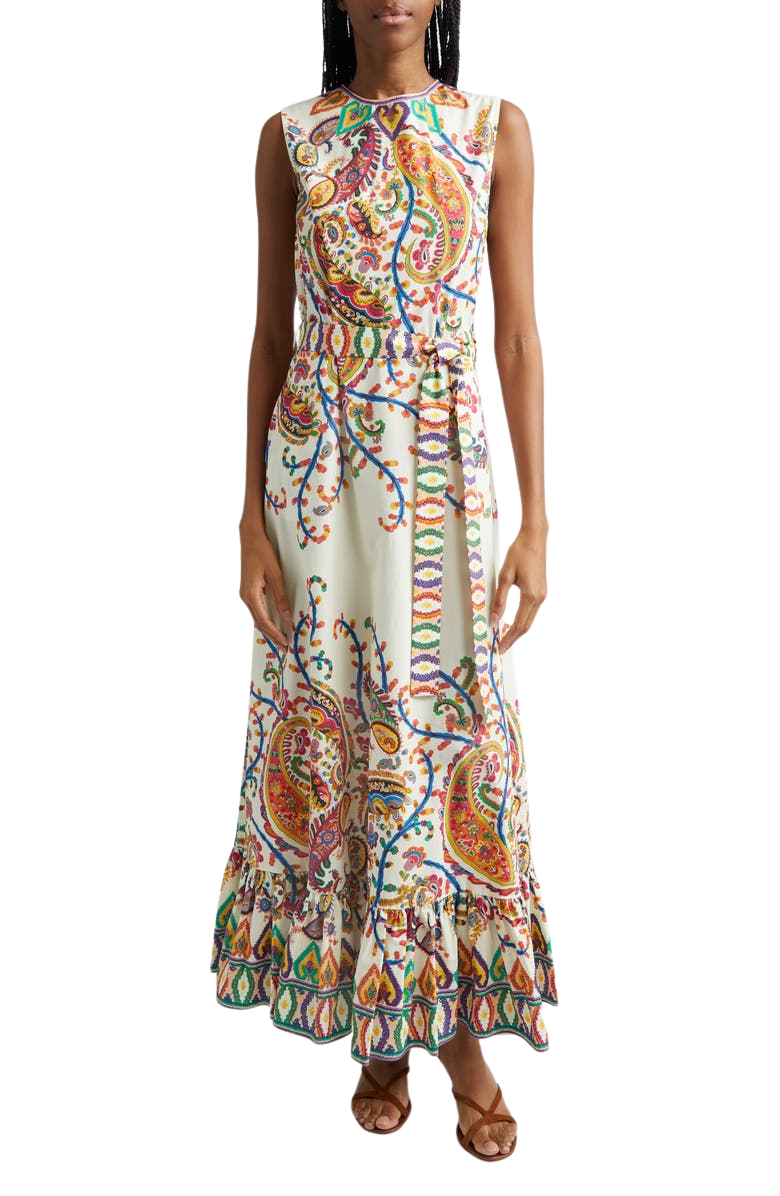 Floral Paisley Belted Cotton Poplin Fit & Flare Dress