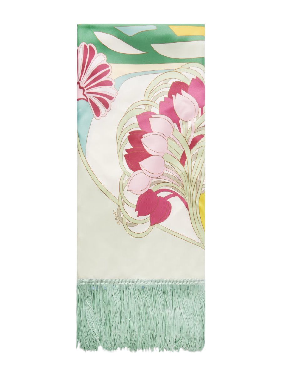 Fringed printed silk-twill scarf