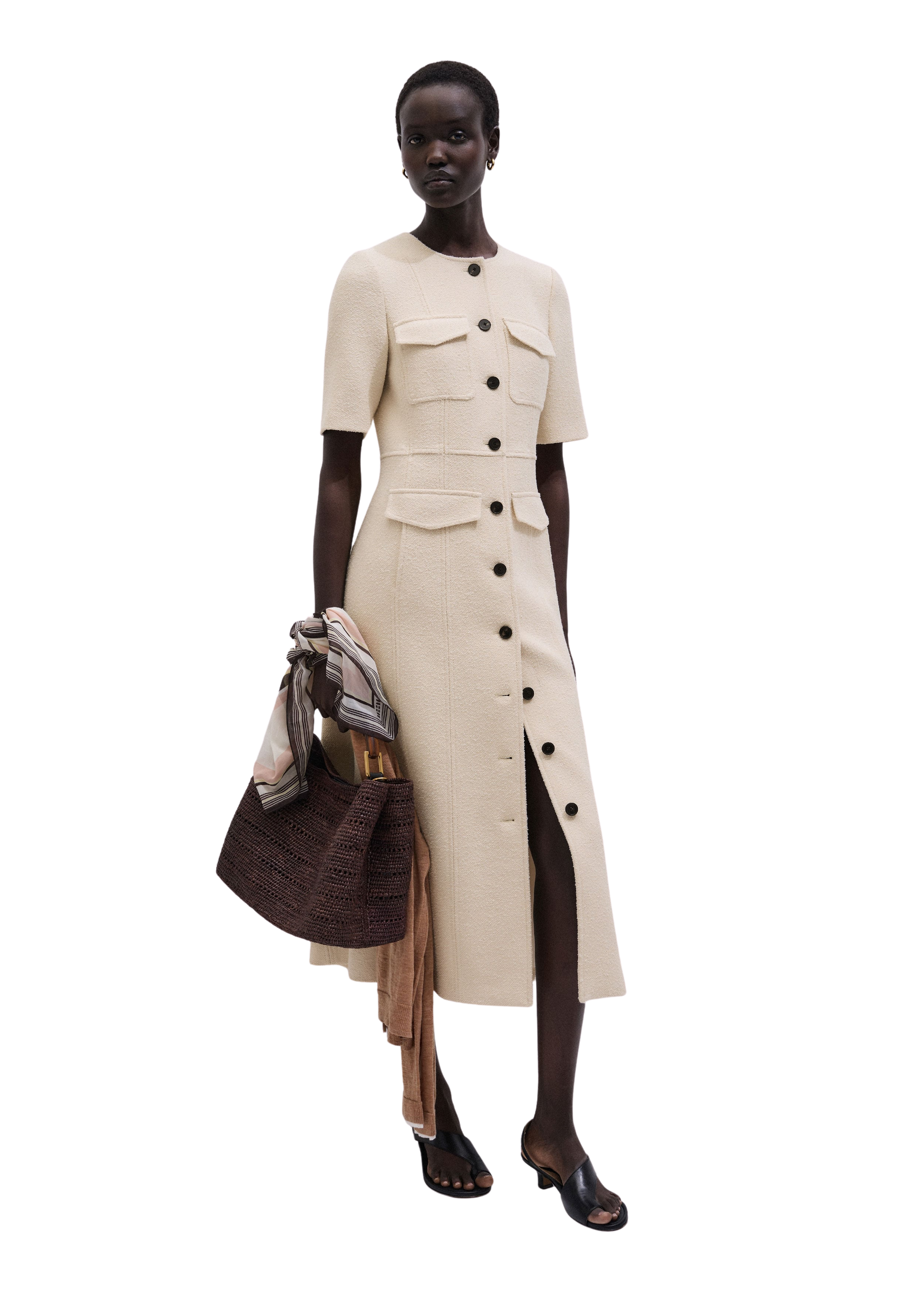 Button Front Maxi Dress Textured Tweed