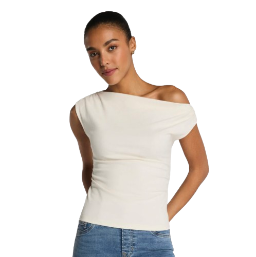 Ribbed Knit Ruched Off-The-Shoulder Top