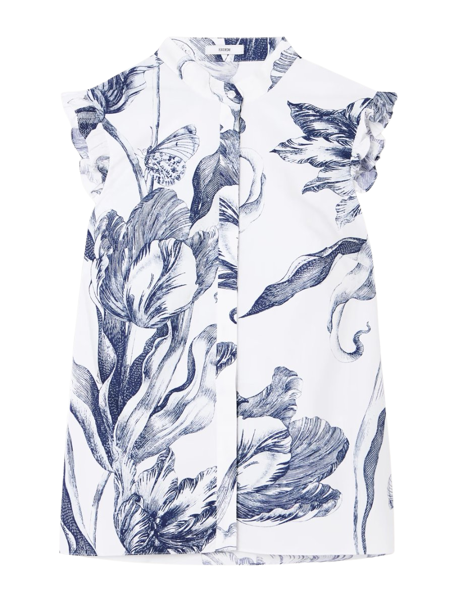 Ruffled floral-print cotton-poplin blouse