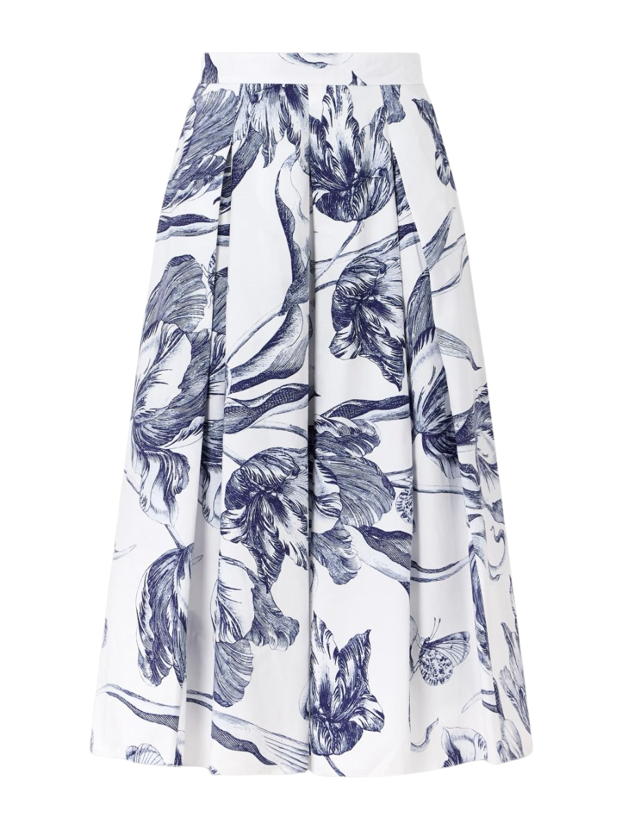 Pleated floral-print cotton-poplin midi skirt