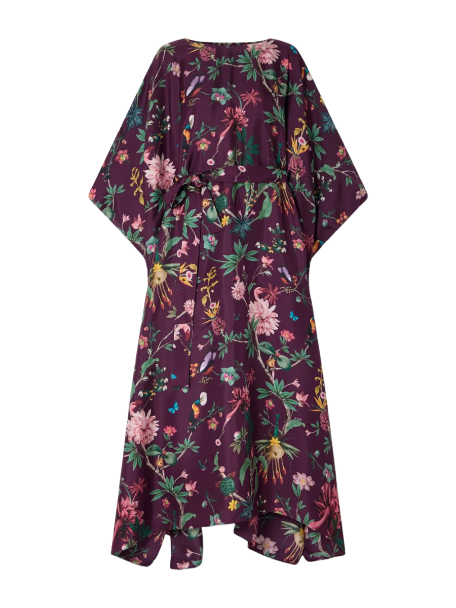 Belted floral-print silk-twill kaftan