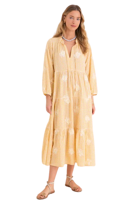 Honey Gingham Embroidered Long Sleeve Salty Paloma Caftan