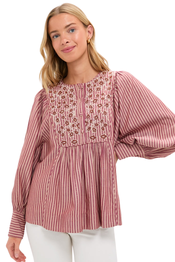 Red Lurex Stripe Hand Beaded Sydney Blouse