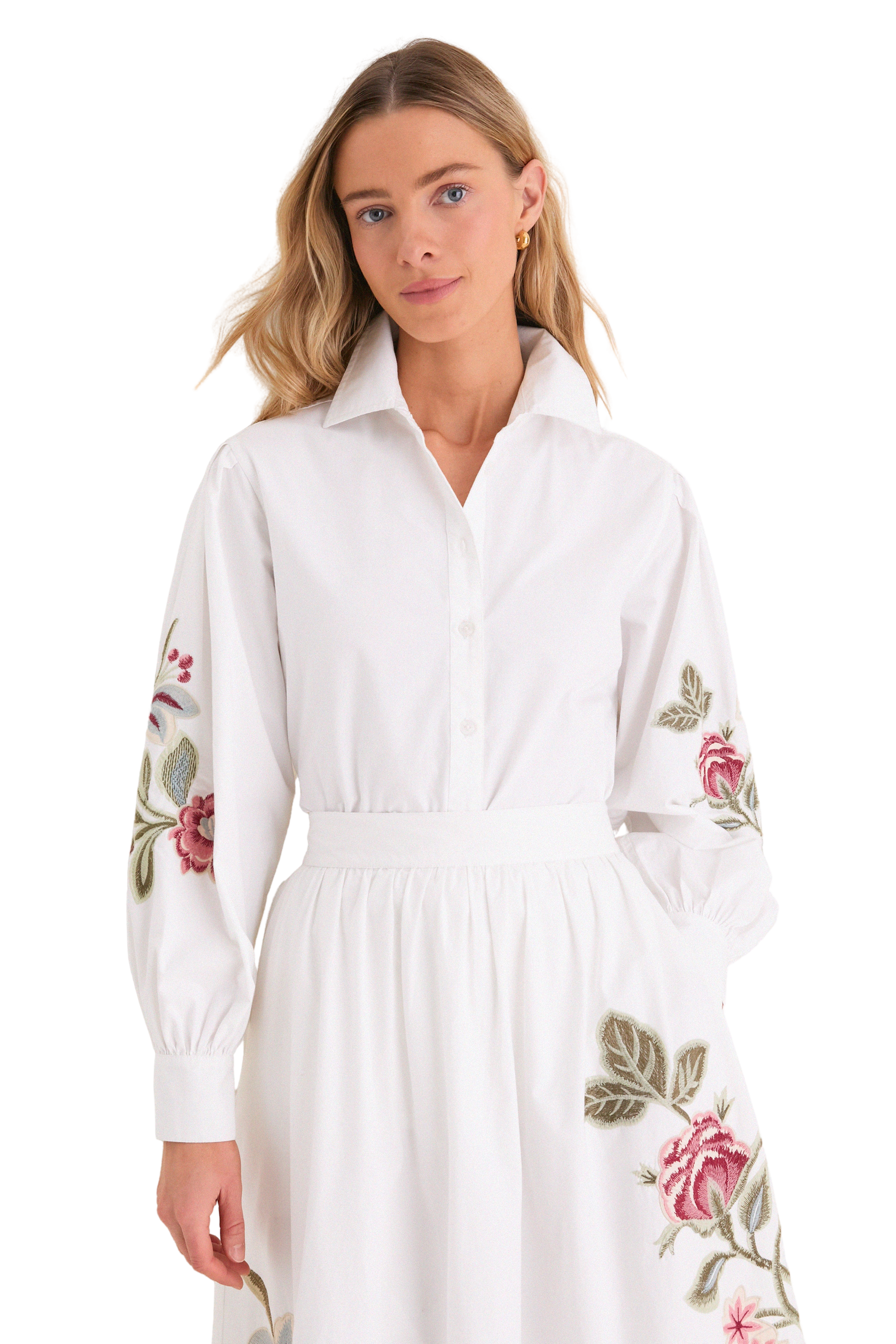 White Floral Embroidered Carolina Button Down