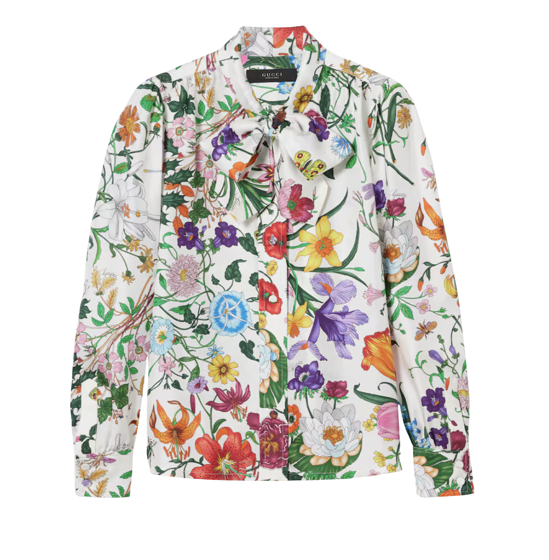 Printed silk twill shirt with bow