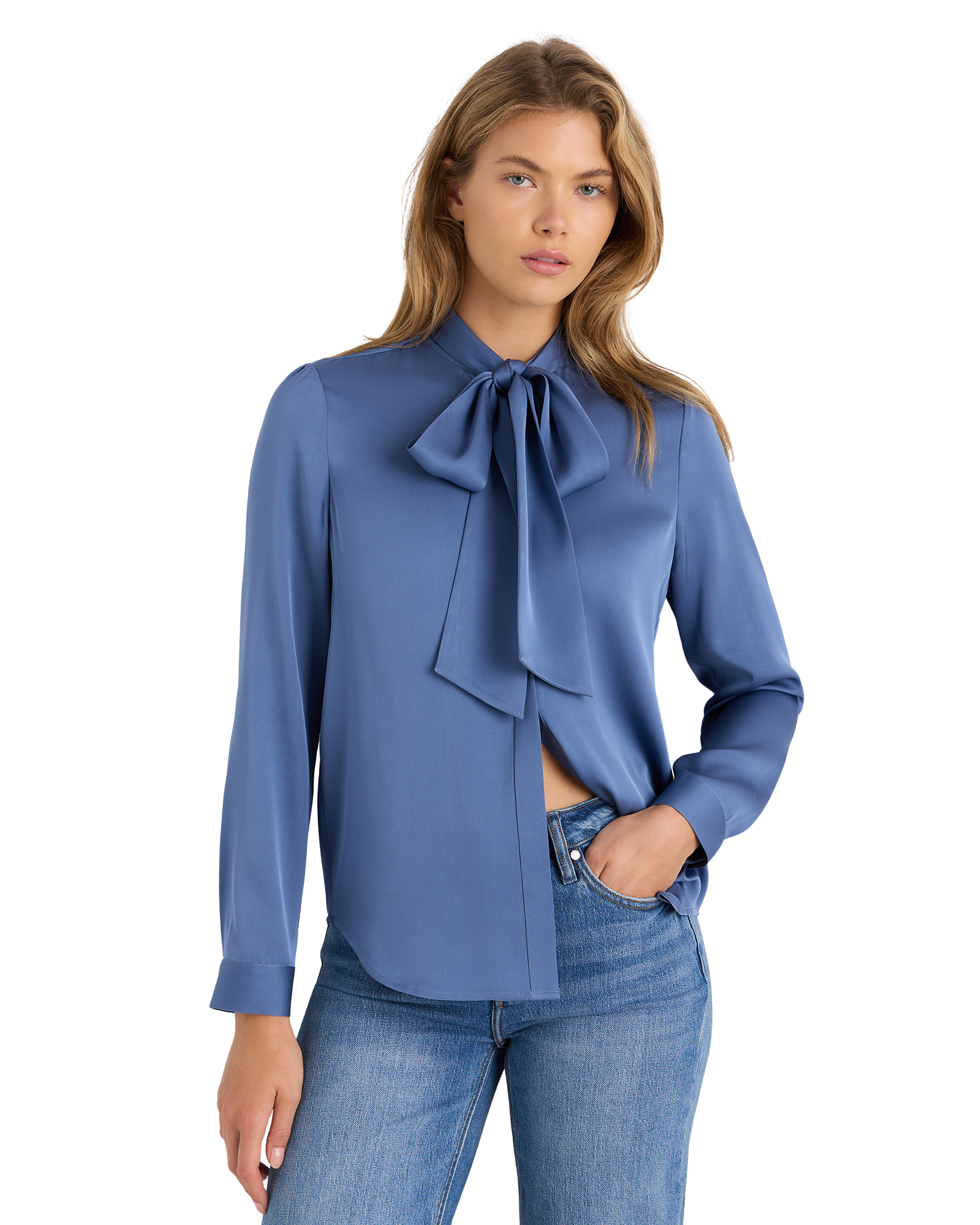 Washable Stretch Silk Tie Neck Blouse
