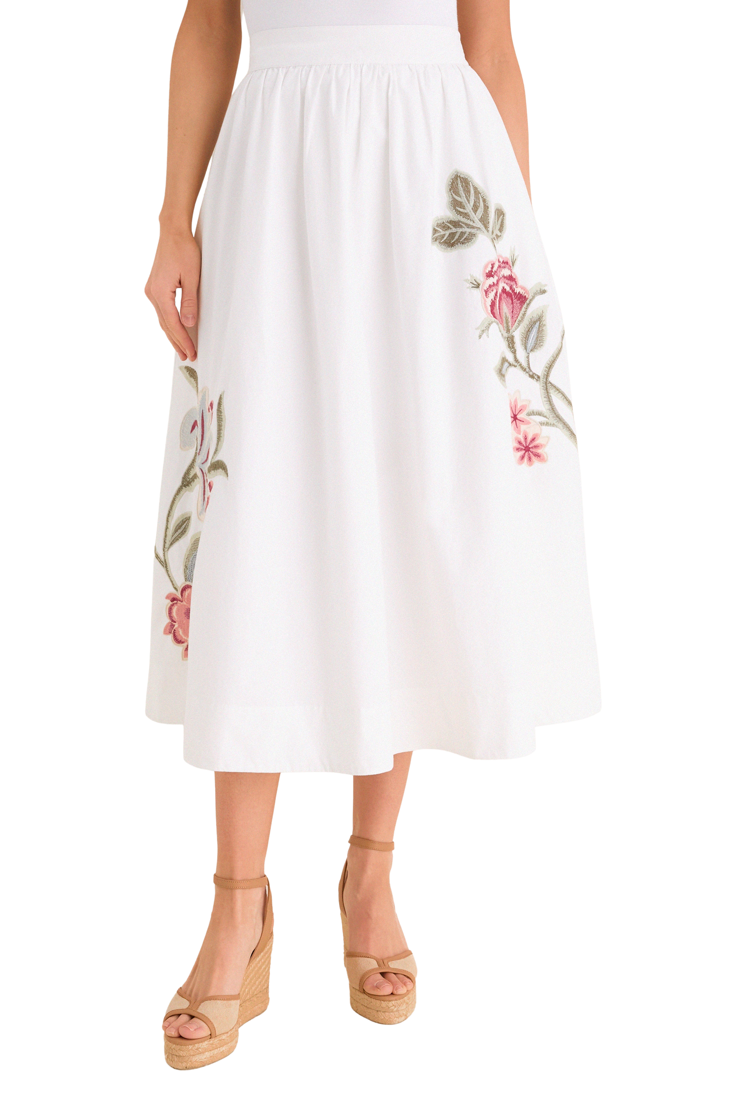 White Floral Embroidered Mirella Midi Skirt