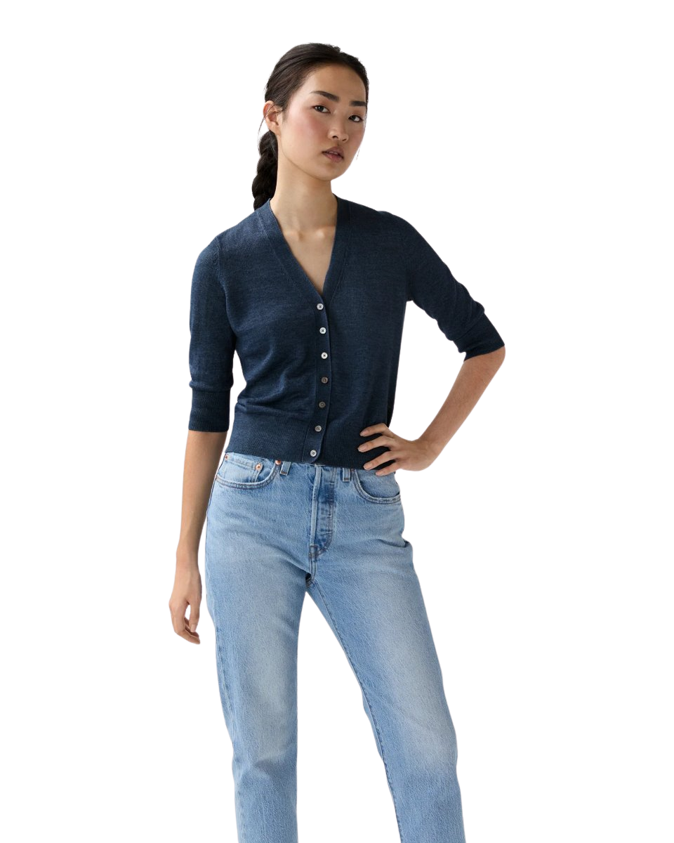 Short-Sleeved Rosie V-Neck Cardigan in Deep Indigo Linen