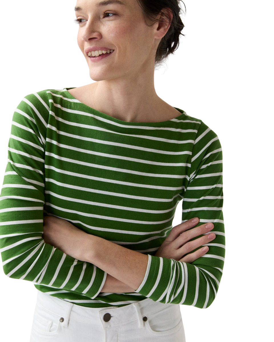 Long-Sleeved Boatneck Tee in Green/White Stripe Jersey