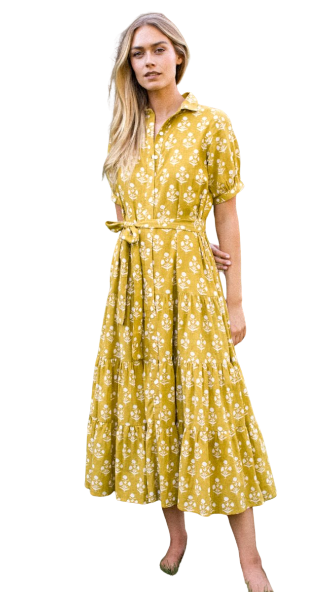 Short Sleeve Shirt Dress - Chartreuse Daffodil