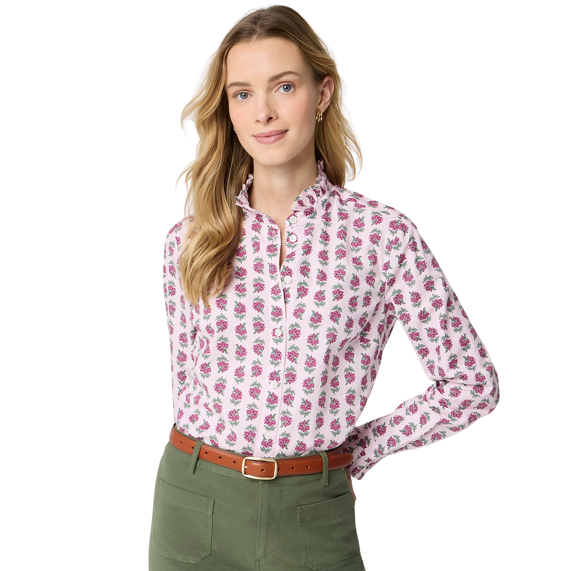 Printed ruffle button-up shirt